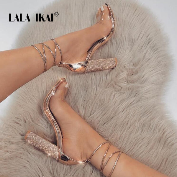 Women Heeled Sandals Bandage Rhinestone Ankle Strap